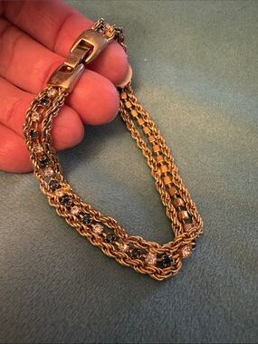 Vintage Gold Tone Blue/Clear Rhinestone Double Chain Bracelet